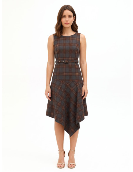 Polyviscose Checked Midi Dress with V-shaped Hem and Matching Rigid Belt by Rinascimento