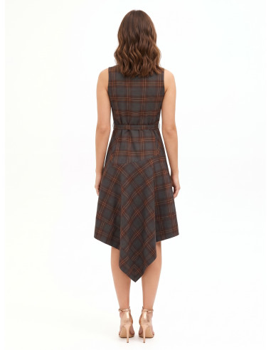 Polyviscose Checked Midi Dress with V-shaped Hem and Matching Rigid Belt by Rinascimento