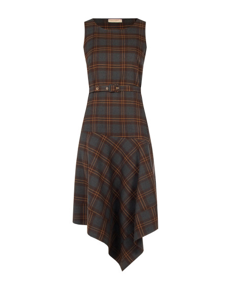Polyviscose Checked Midi Dress with V-shaped Hem and Matching Rigid Belt by Rinascimento