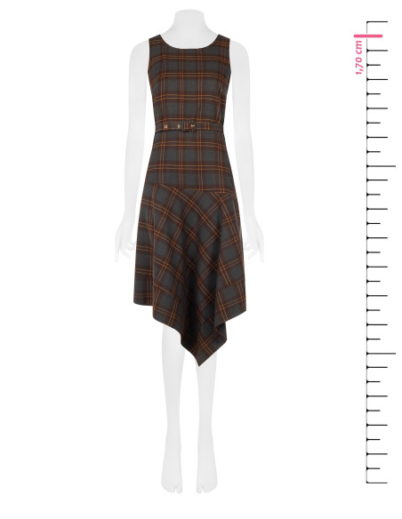 Polyviscose Checked Midi Dress with V-shaped Hem and Matching Rigid Belt by Rinascimento