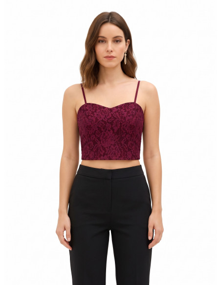 Crop Top Bustier In Tessuto Tecnico Ricoperto Di Pizzo Rinascimento