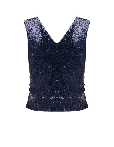 Sequin-covered top with a double V-neckline in the Rinascimento style
