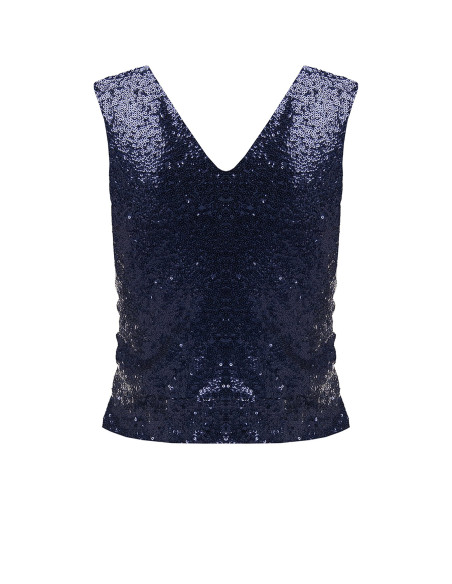 Sequin-covered top with a double V-neckline in the Rinascimento style