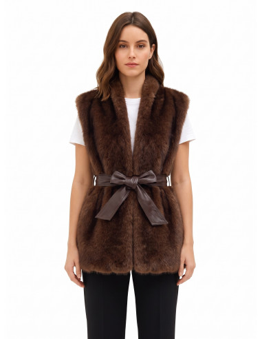 Gilet Lungo Aperto In Pelliccia Sintetica Con Cintura In Similpelle Abbinata Rinascimento