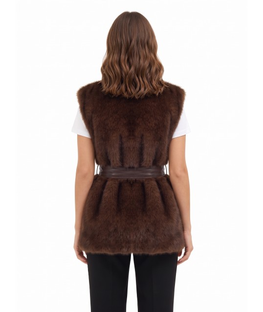 Gilet Lungo Aperto In Pelliccia Sintetica Con Cintura In Similpelle Abbinata Rinascimento