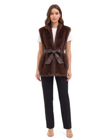 Long, open-front faux fur gilet with a matching faux leather belt by Rinascimento