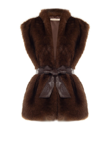 Long, open-front faux fur gilet with a matching faux leather belt by Rinascimento