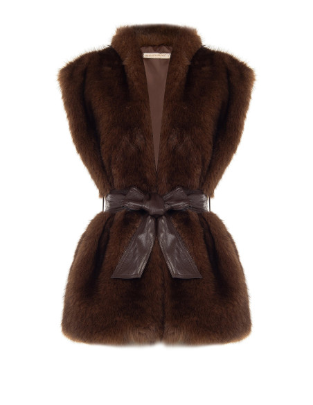 Long, open-front faux fur gilet with a matching faux leather belt by Rinascimento