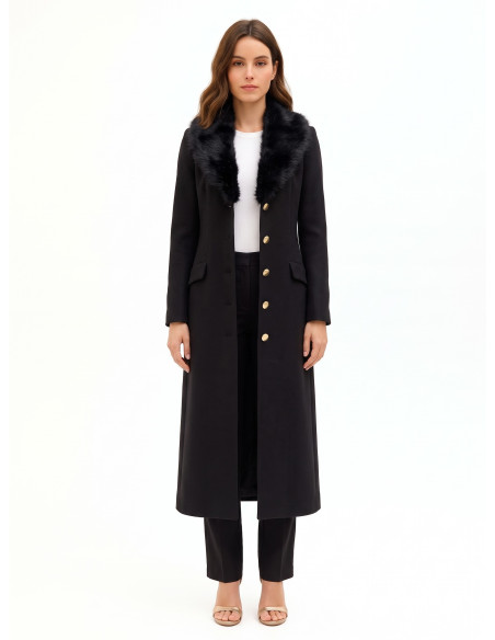 Rinascimento Extra-Long Wool Coat with Detachable Faux Fur Collar