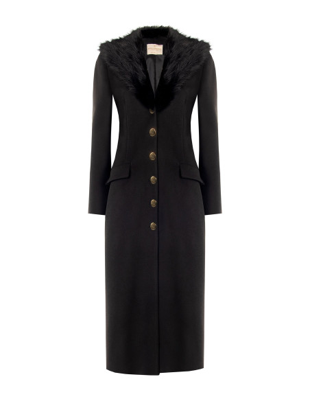 Rinascimento Extra-Long Wool Coat with Detachable Faux Fur Collar