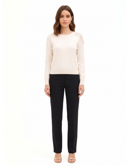 Thin jumper in a viscose and wool blend with a crochet insert on the shoulder – Rinascimento