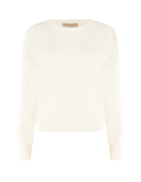 Thin jumper in a viscose and wool blend with a crochet insert on the shoulder – Rinascimento