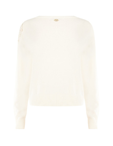Thin jumper in a viscose and wool blend with a crochet insert on the shoulder – Rinascimento