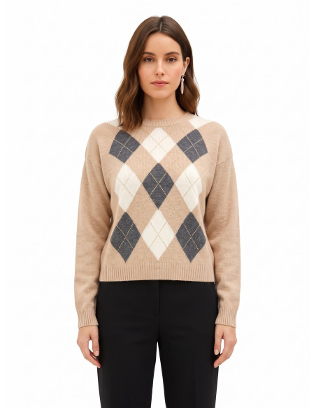 Pull en mélange de viscose et de laine, motif en losanges avec lurex « Rinascimento »