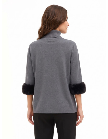 Loose-fitting Turtleneck Jumper with Faux Fur Inserts by Rinascimento