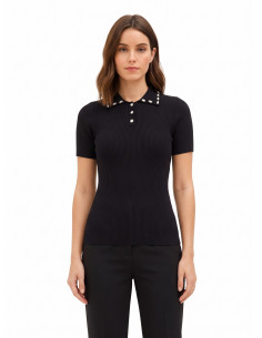 Pull-polo côtelé en mélange de viscose, orné de cristaux cabochons « Rinascimento »