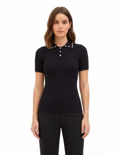 Rinascimento Ribbed Polo Jumper in Viscose Blend with Cabochon Crystals