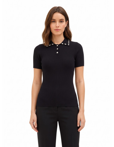 Pull-polo côtelé en mélange de viscose, orné de cristaux cabochons « Rinascimento »