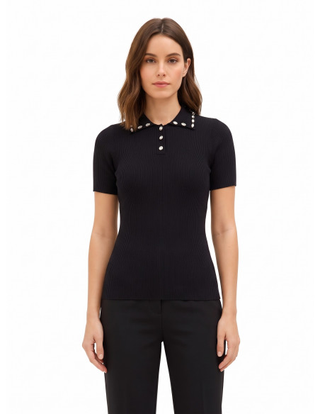 Maglione Polo A Coste In Misto Viscosa Con Cristalli Cabochon Rinascimento
