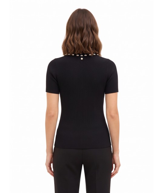 Maglione Polo A Coste In Misto Viscosa Con Cristalli Cabochon Rinascimento