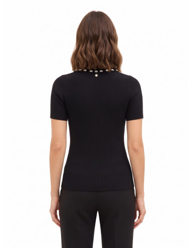 Rinascimento Ribbed Polo Jumper in Viscose Blend with Cabochon Crystals