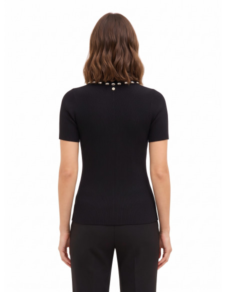 Pull-polo côtelé en mélange de viscose, orné de cristaux cabochons « Rinascimento »