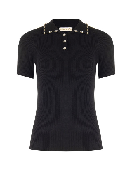 Pull-polo côtelé en mélange de viscose, orné de cristaux cabochons « Rinascimento »