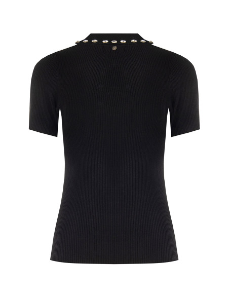 Rinascimento Ribbed Polo Jumper in Viscose Blend with Cabochon Crystals