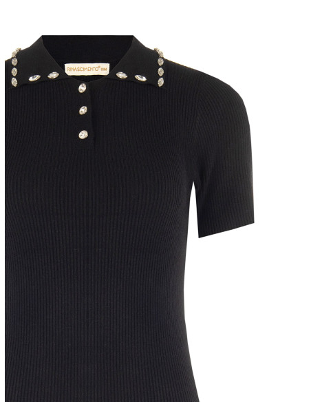 Maglione Polo A Coste In Misto Viscosa Con Cristalli Cabochon Rinascimento
