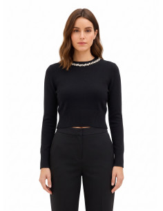 Maglione Crop In Misto Viscosa Con Cristalli Cabochon Sul Girocollo Rinascimento