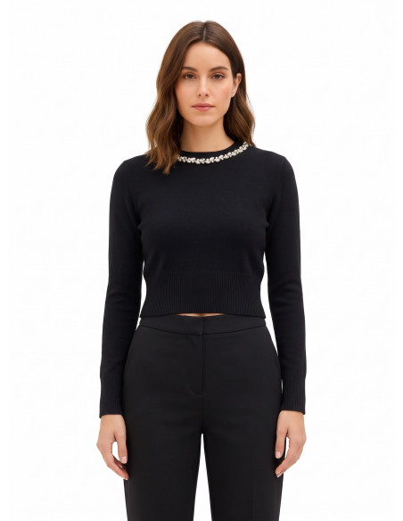 Crop-top jumper in a viscose blend with cabochon crystals around the neckline – Rinascimento