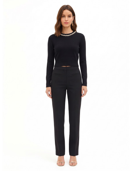 Crop-top jumper in a viscose blend with cabochon crystals around the neckline – Rinascimento