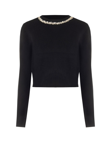 Crop-top jumper in a viscose blend with cabochon crystals around the neckline – Rinascimento