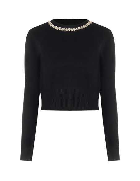 Pull court en mélange de viscose avec des cristaux cabochons sur le col rond « Rinascimento »