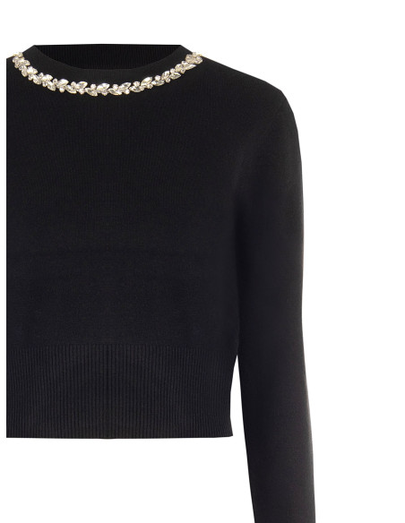 Maglione Crop In Misto Viscosa Con Cristalli Cabochon Sul Girocollo Rinascimento