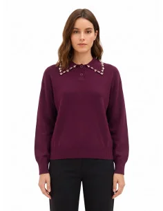 Pull polo ample en mélange de viscose avec des cristaux cabochons sur le col « Rinascimento »