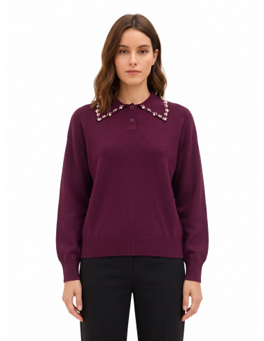 Pull polo ample en mélange de viscose avec des cristaux cabochons sur le col « Rinascimento »