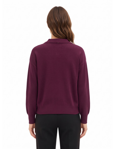 Loose-fit Polo Jumper in Viscose Blend with Cabochon Crystals on the Collar – Rinascimento