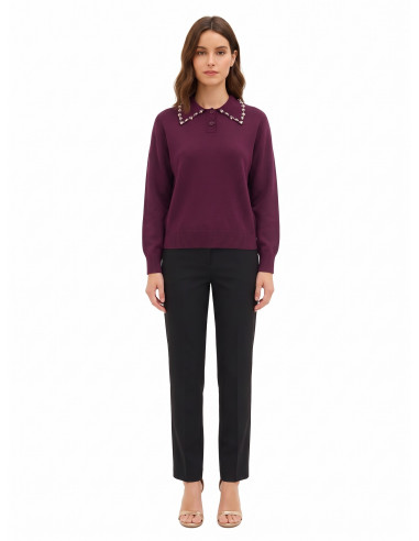 Maglione Polo Ampio In Misto Viscosa Con Cristalli Cabochon Sul Colletto Rinascimento
