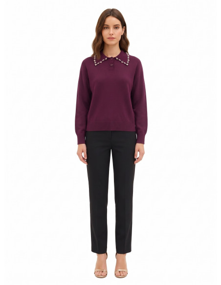 Pull polo ample en mélange de viscose avec des cristaux cabochons sur le col « Rinascimento »