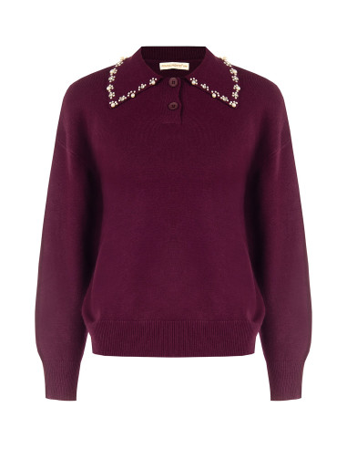 Loose-fit Polo Jumper in Viscose Blend with Cabochon Crystals on the Collar – Rinascimento