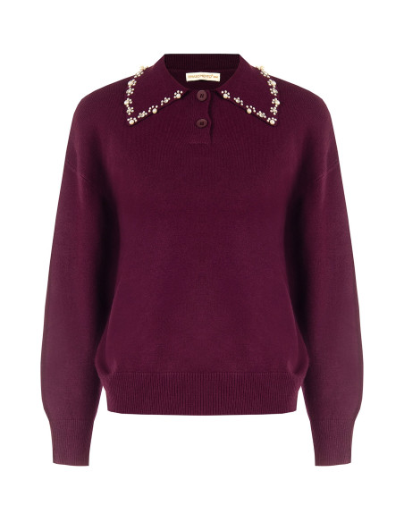 Pull polo ample en mélange de viscose avec des cristaux cabochons sur le col « Rinascimento »