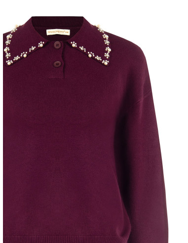 Maglione Polo Ampio In Misto Viscosa Con Cristalli Cabochon Sul Colletto Rinascimento