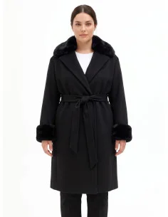 Manteau long Curvy en laine avec poignets et col en fausse fourrure amovible, Rinascimento Curvy