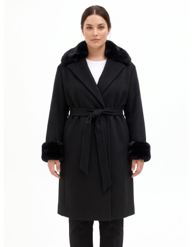 Manteau long Curvy en laine avec poignets et col en fausse fourrure amovible, Rinascimento Curvy