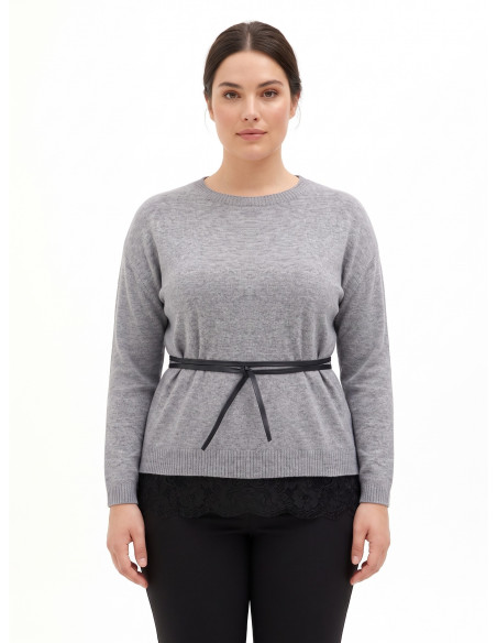 Curvy Loose-Fit Jumper with Lace Hem and Long, Thin Faux Leather Belt by Rinascimento Curvy