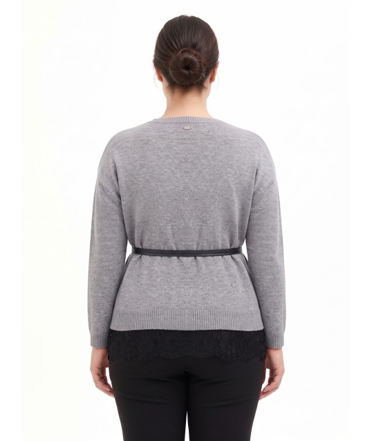 Curvy Loose-Fit Jumper with Lace Hem and Long, Thin Faux Leather Belt by Rinascimento Curvy