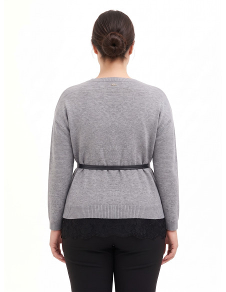 Curvy Loose-Fit Jumper with Lace Hem and Long, Thin Faux Leather Belt by Rinascimento Curvy