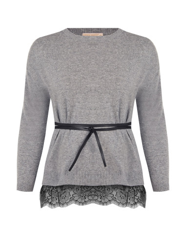 Curvy Loose-Fit Jumper with Lace Hem and Long, Thin Faux Leather Belt by Rinascimento Curvy
