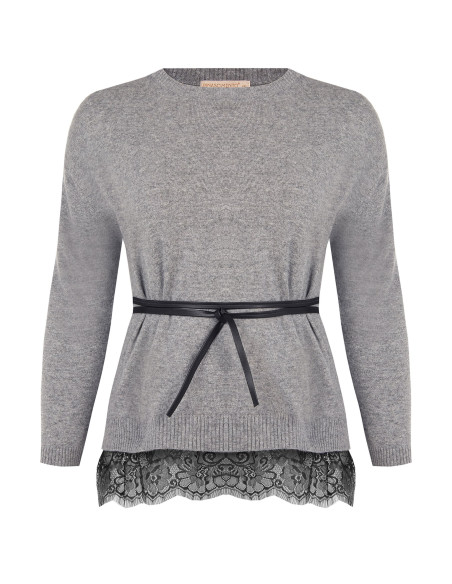 Curvy Loose-Fit Jumper with Lace Hem and Long, Thin Faux Leather Belt by Rinascimento Curvy